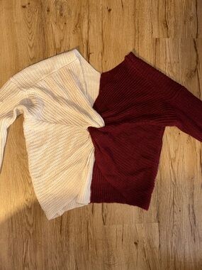 No Boundaries Twist knot (front or back) Color-block sweater- Burgundy & Cream